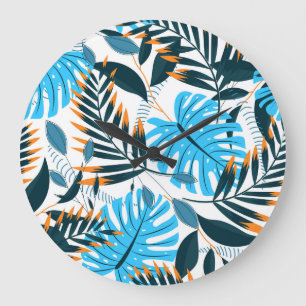 Reloj Redondo Grande Patrón blanco brillante de hojas tropicales
