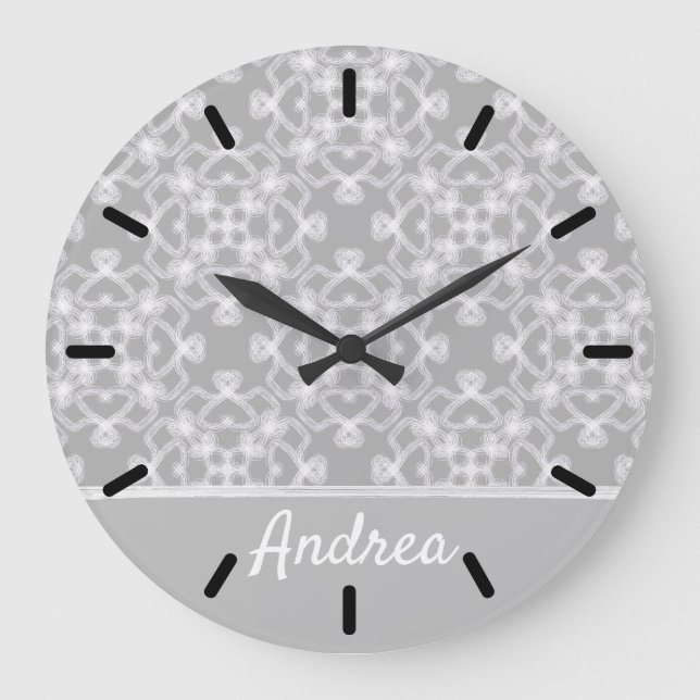 Reloj Redondo Grande Patrón blanco y gris personalizado (Anverso)