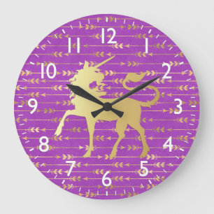 Reloj Redondo Grande Patrón bohemio dorado y púrpura y unicornio