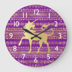 Reloj Redondo Grande Patrón bohemio dorado y púrpura y unicornio