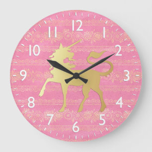 Reloj Redondo Grande Patrón bohemio dorado y rosa & Unicornio