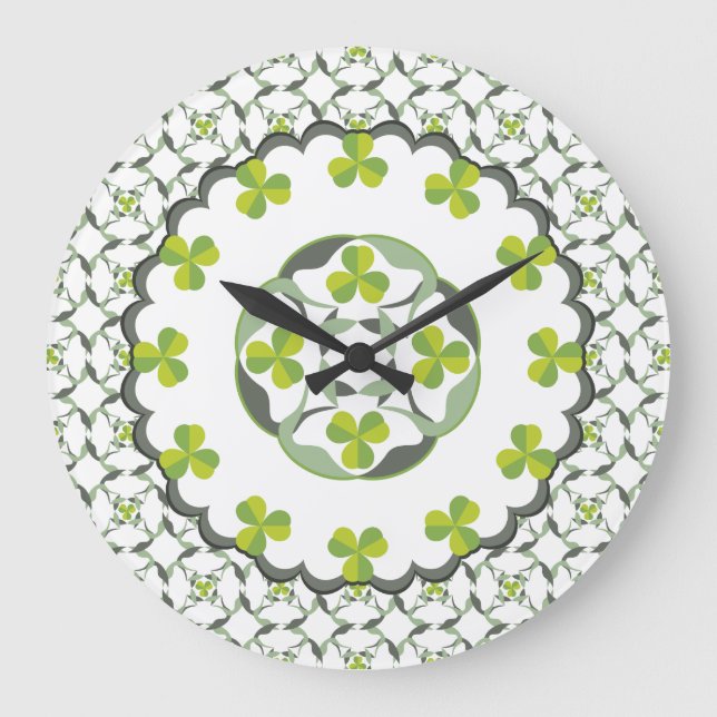 Reloj Redondo Grande Patrón celático de Shamrock Clover verde (Anverso)