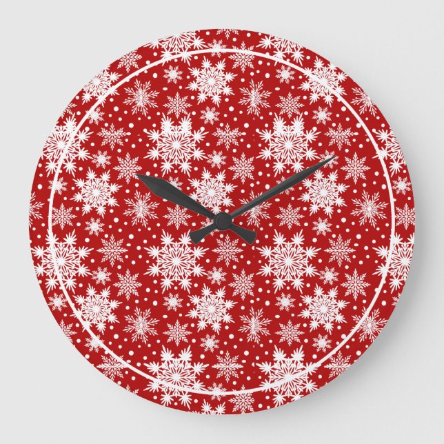 Reloj Redondo Grande Patrón clásico de copos de nieve rojos y blancos (Anverso)