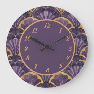 Reloj Redondo Grande Patrón de abanico Art Déco de color púrpura y dora