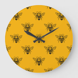 Reloj Redondo Grande Patrón de abejas vintage, amarillo negro.