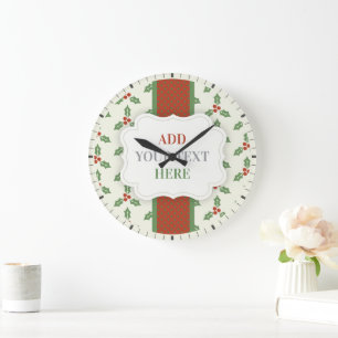 Reloj Redondo Grande Patrón de acebo de Navidad Acebo verde Bayas rojas