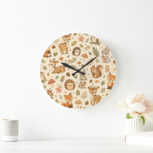 Reloj Redondo Grande Patrón de acuarela de animales adorables del bosqu