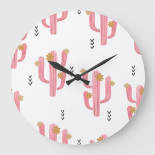 Reloj Redondo Grande Patrón de acuarela de cactus rosados