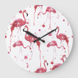 Reloj Redondo Grande Patrón de acuarela de flamenco, diseño vibrante.