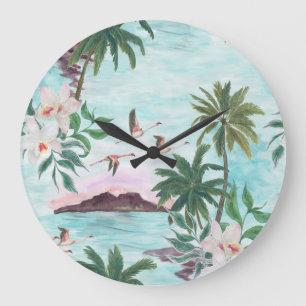 Reloj Redondo Grande Patrón de acuarela de Flamingo en el paisaje de Ha