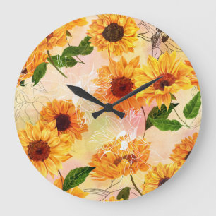 Reloj Redondo Grande Patrón de acuarela de girasoles amarillos dibujado