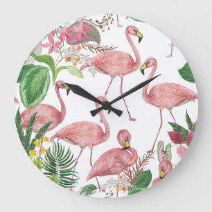 Reloj Redondo Grande Patrón de acuarela de hojas tropicales de flamengo