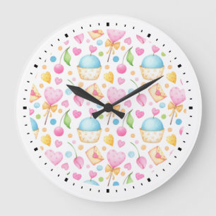 Reloj Redondo Grande Patrón de acuarela delicioso de corazón y amor