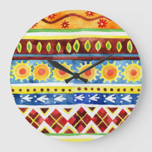 Reloj Redondo Grande Patrón de acuarela étnica pintada a mano