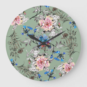 Reloj Redondo Grande Patrón de acuarela floral de fondo verde.