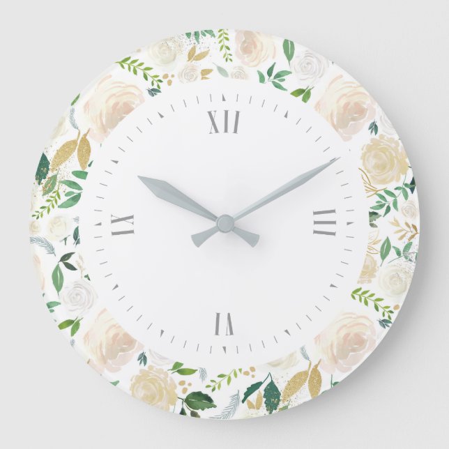 Reloj Redondo Grande Patrón de acuarelas de rosas blancas (Anverso)