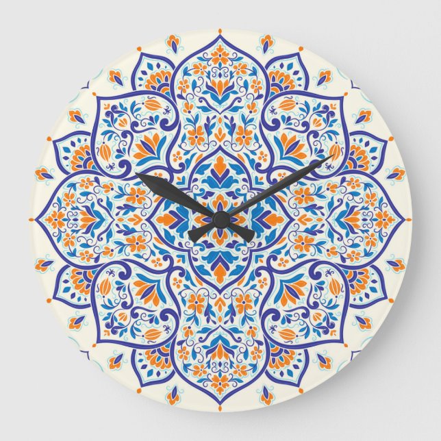 Reloj Redondo Grande Patrón de adorno azul Naranja de lujo (Anverso)