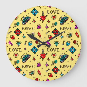 Reloj Redondo Grande Patrón de amor del tatuaje de la vieja escuela