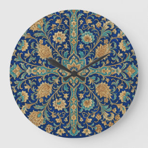 Reloj Redondo Grande Patrón de arabesco floral persa azul real