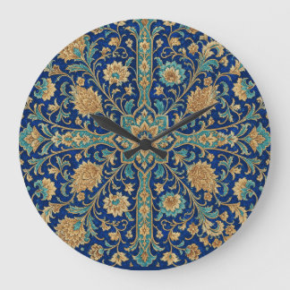 Reloj Redondo Grande Patrón de arabesco floral persa azul real