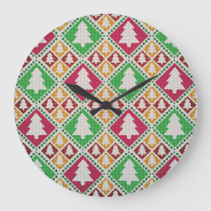 Reloj Redondo Grande Patrón de árbol de Navidad vintage.