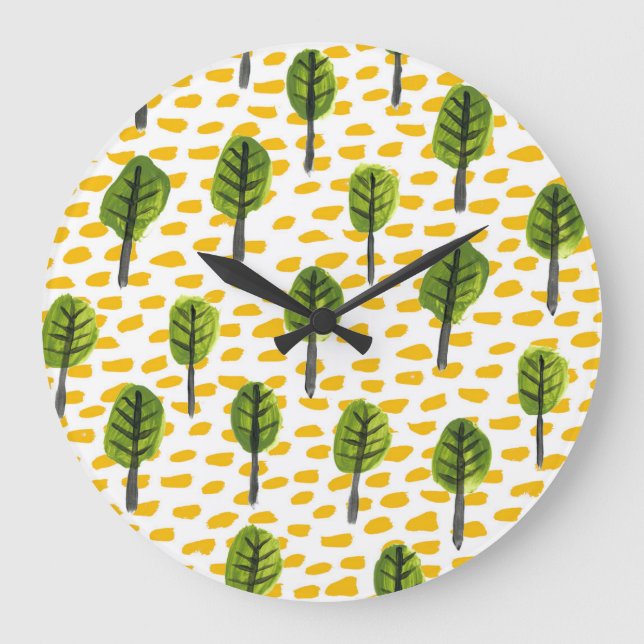 Reloj Redondo Grande Patrón de árbol negro verde Naive (Anverso)