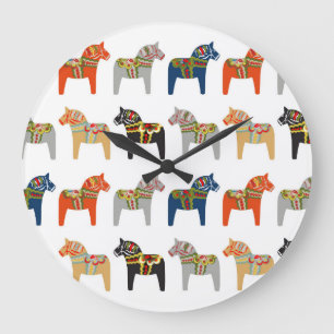 Reloj Redondo Grande Patrón de arte folclórico sueco Dala Horse