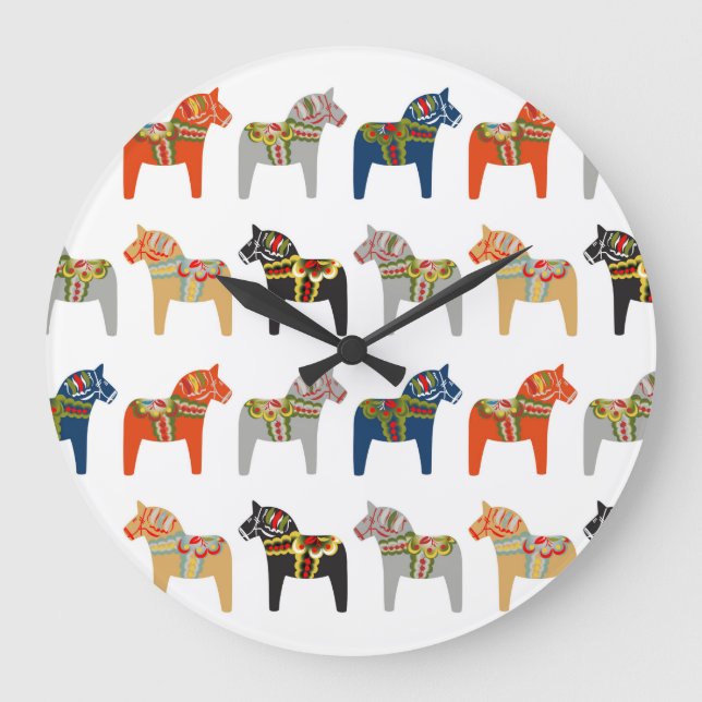 Reloj Redondo Grande Patrón de arte folclórico sueco Dala Horse (Anverso)