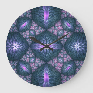 Reloj Redondo Grande Patrón de arte fractal 3D Color turquesa morado ro