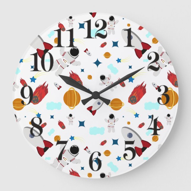 Reloj Redondo Grande Patrón de astronauta y espacio exterior infantil (Anverso)
