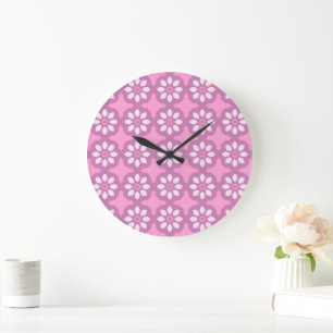 Reloj Redondo Grande Patrón de Baldosa Retro Flor de Cerezo Rosa