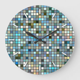Reloj Redondo Grande Patrón de baldosas azules terrosas cuadradas