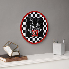 Reloj Redondo Grande Patrón de bandera a cuadros personalizado en negro