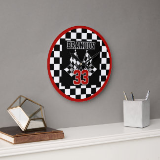 Reloj Redondo Grande Patrón de bandera a cuadros personalizado en negro