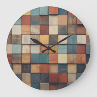 Reloj Redondo Grande Patrón de bloques de madera rústicos y coloridos
