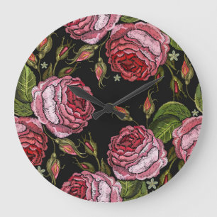 Reloj Redondo Grande Patrón de Bordado de Rosa Roja Vintage