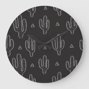 Reloj Redondo Grande Patrón de cactus negro dibujado a mano