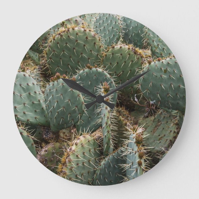 Reloj Redondo Grande Patrón de cactus: Opuntia ficus-indica de moda. (Anverso)