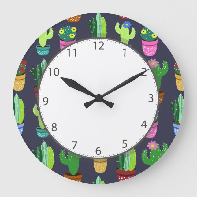 Reloj Redondo Grande Patrón de Cactus Personalizado Cuto Números de Gri (Anverso)