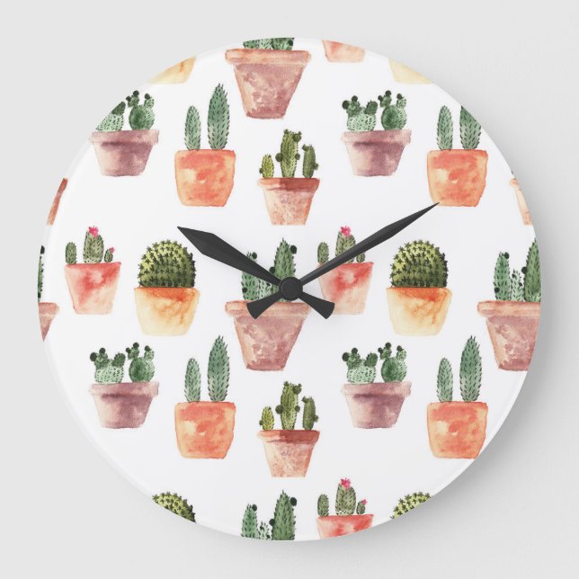 Reloj Redondo Grande Patrón de cactus pulido verde marrón (Anverso)