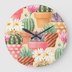 Reloj Redondo Grande Patrón de cactus sin fisuras y suculento detallado