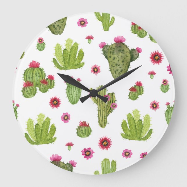 Reloj Redondo Grande Patrón de cactus verde pintado a mano (Anverso)