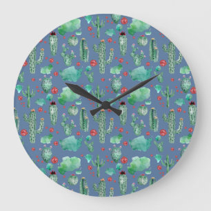 Reloj Redondo Grande patrón de cactus y ladybug - fondo azul