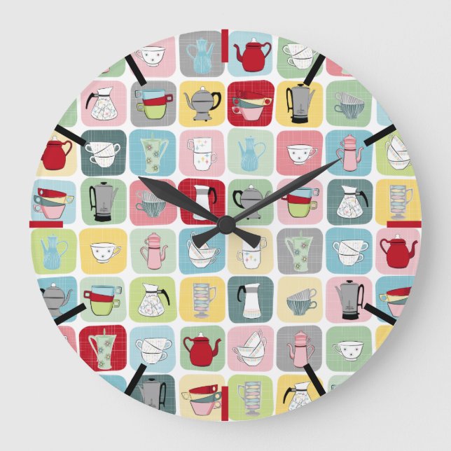 Reloj Redondo Grande Patrón de cafés y tazas retro (Anverso)
