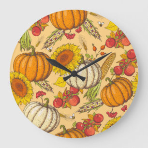 Reloj Redondo Grande Patrón de calabaza y hojas de arce.