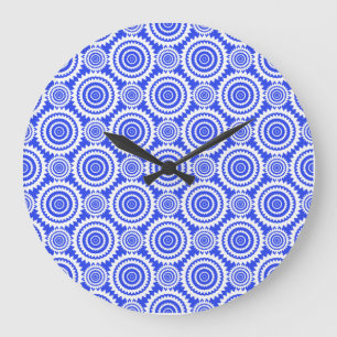 Reloj Redondo Grande Patrón de Caleidoscopio Azul Cobalto y Blanco