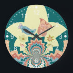 Reloj Redondo Grande Patrón de Chevron de Aves Locas<br><div class="desc">Fun Crazy Owl Birds and Flowers Patrón Kaleidoscope Chevron en coral,  azul acuático y mostaza.  Un gran regalo para los adolescentes y todo aquel que ame el color y los diseños únicos e interesantes.</div>