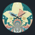 Reloj Redondo Grande Patrón de Chevron de Aves Locas<br><div class="desc">Fun Crazy Owl Birds and Flowers Patrón Kaleidoscope Chevron en coral,  azul acuático y mostaza.  Un gran regalo para los adolescentes y todo aquel que ame el color y los diseños únicos e interesantes.</div>