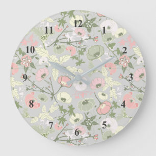 Reloj Redondo Grande Patrón de chica de flor gris verde rosa