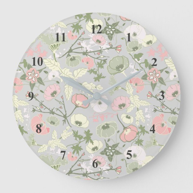 Reloj Redondo Grande Patrón de chica de flor gris verde rosa (Anverso)